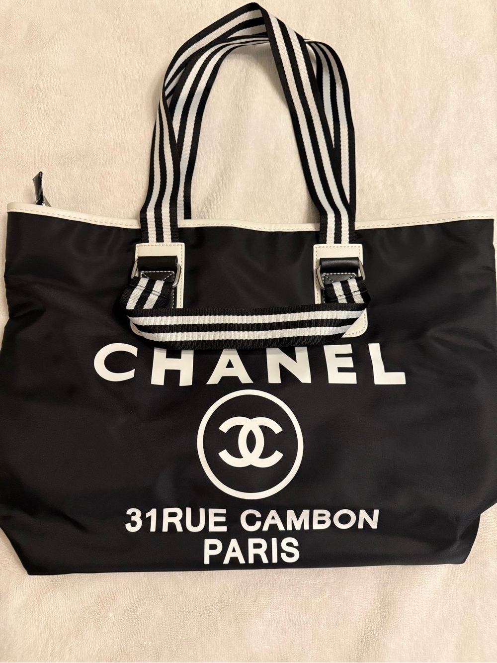 CHANEL Black and White Logo Canvas Tote